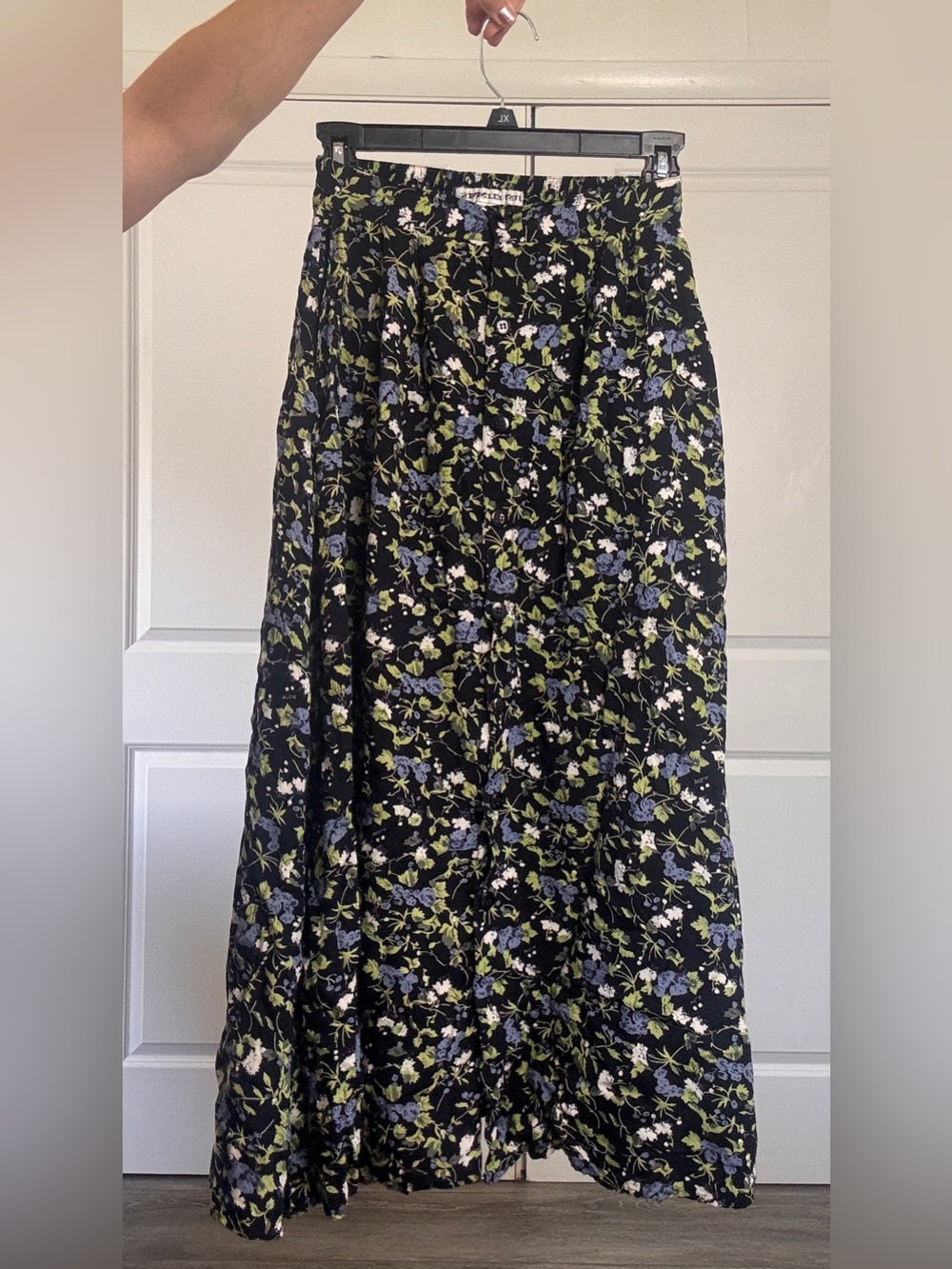 Vintage Just Elements Black Blue Green Floral Button Up Midi Skirt Small